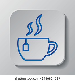 Cup of tea simple icon vector. Flat design. Paper cut design. Cutted blue symbol with shadow. Gray badge button, gray background.ai
