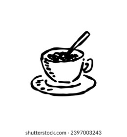 Cup of tea in sketch style. Coffee mug with spoon and saucer. Hand drawn ink drawing isolated on white background. Vector illustration.