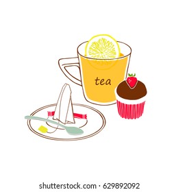 A cup of tea with a slice of lemon. A chocolate muffin with a strawberry and a saucer with a spoon sugar and a tea bag.
