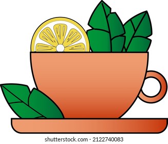 A cup of tea with a slice of lemon and green mint leaves. Vector illustration