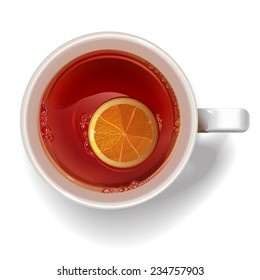 Cup of tea with a slice of lemon. illustration realistic vector. 