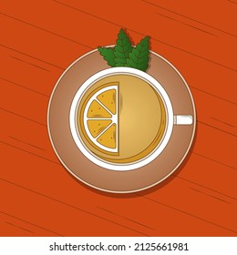 Cup of tea with slice lemon and mint icon illustration isolated on red background
