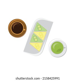 Taza de té con chequera cortada ilustración vectorial. Composición del té. Té con galletas