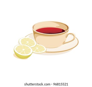 cup of tea and slices of lemon on a plate on a white background