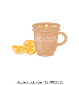 Cup of tea with small flowers and sweet lemon. Delicious hot drink. Tasty beverage. Flat vector design