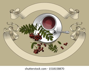 Cup with tea, small spoon saucer and rowan branch  with a retro ribbon banner. Vintage color stylized drawing. Vector illustration