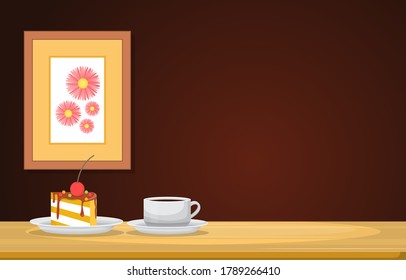 A Cup of Tea and Snack on Wooden Table in a Room Illustration