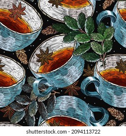 Cup of tea and snow covered branch of a fir-tree. Christmas and New year seamless pattern. Clothes, textile design template. Winter art 