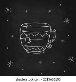 Taza de té con copos de nieve en una pizarra negra. Ilustración vectorial en estilo doodle. Ánimo de invierno. Hola 2023. Feliz Navidad y Feliz Año Nuevo. 