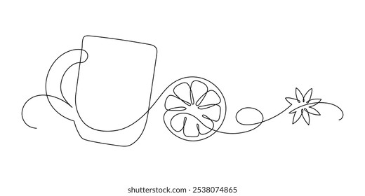 Cup of tea with spices. Mug of mulled wine. Spiked hot chocolate. Continuous line drawing.