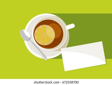 cup of tea with tea spoon and card on green background, vector