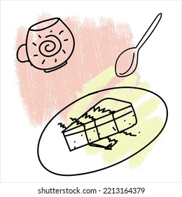 A cup of tea, a spoon and a cheesecake on a saucer, a vector clipart with doodles on a background of paint spots.