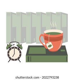 A cup of tea stands on a green book against the backdrop of a stack of paper textbooks in the library and a vintage alarm clock showing 7 a.m. Cozy reading at home or in the library. Vector.
