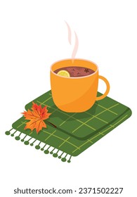 A cup of tea stands on a green checkered blanket with a wedge leaf. Autumn drink with lemon and spices .Cozy autumn illustration