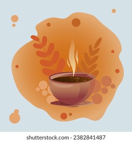 Eine Tasse Tee mit Dampf und Herbstblätter auf warmem orangefarbenem Hintergrund. Hygge