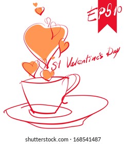 Cup of Tea with steam in the form of Hearts, sketch, vector illustration