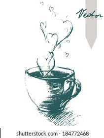 Cup of Tea with Steam Hearts, isolated on white, freehand sketch drawing, vector