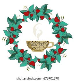 A cup of tea with steam in a round frame of lilies and strawberries