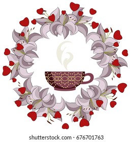 A cup of tea with steam in a round frame of lilies and strawberries