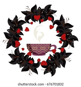 A cup of tea with steam in a round frame of lilies and strawberries