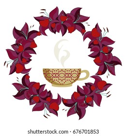 A cup of tea with steam in a round frame of lilies and strawberries