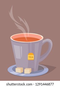 Cup of tea with sugar on a plate