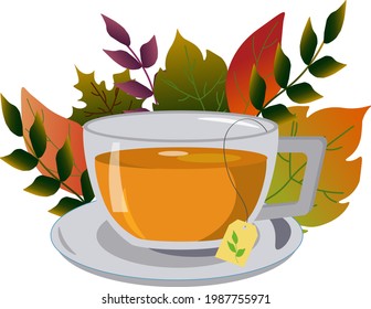 A cup of tea surrounded by autumn leaves. Hello, Autumn. Vector illustration. For creating decor in the interior, printing prints, cards, invitations, banners and other designs.