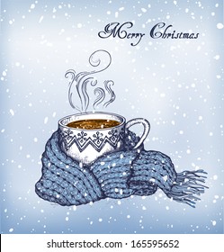 Cup of tea swathed in scarf. Blue christmas background with snowfall. Hand-drawn card. Vector Illustration.