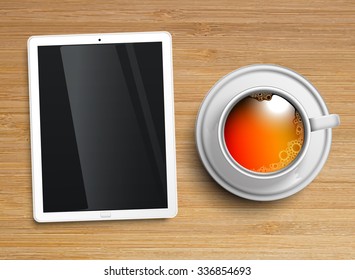 A cup of tea with a tablet