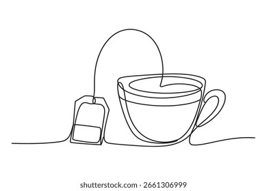 Cup of tea with tag in one line art style, continuous line vector illustration with editable stroke