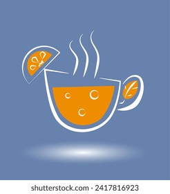 A cup of tea with tangerine is outlined with a white line on a colored background. Vector illustration.eps