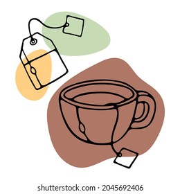 Eine Tasse Tee mit Teebeutel. Doodle Cartoon einfachen Stil Vektorgrafik. Teebeutel und Teebeutel auf Splash einzeln für Design-Menü