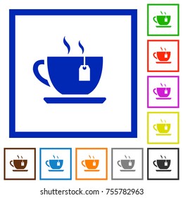 Cup of tea with teabag flat color icons in square frames on white background