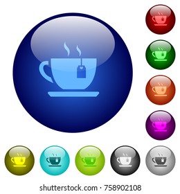 Cup of tea with teabag icons on round color glass buttons