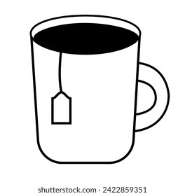 Cup of tea with teabag isolated on a white background. Hand drawn doodle, sketch monochrome style. Vector flat illustration.