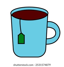 Cup of tea with teabag isolated on a white background. Hand drawn doodle style. Vector flat illustration.