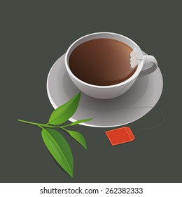 cup of tea with teabag and tea leaves