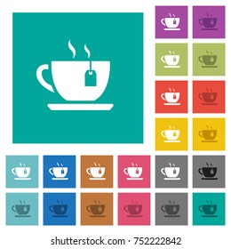Cup of tea with teabag multi colored flat icons on plain square backgrounds. Included white and darker icon variations for hover or active effects.