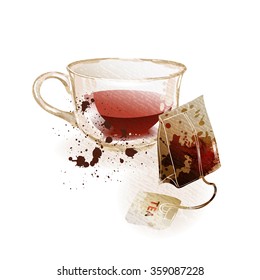 Cup of tea and teabag on white background. Vector illustration.
