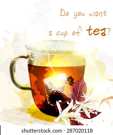 Cup of tea and teabag sunny and light vector illustration poster create in watercolor style with space for text