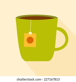 Cup of Tea with Teabag. Vector Illustration in Flat Style with Long Shadows.