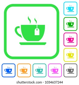 Cup of tea with teabag vivid colored flat icons in curved borders on white background