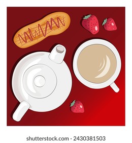 Cup of tea, teapot, cookie and strawberries on a red gradient background vector illustration