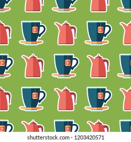 Cup of tea and teapot flat art seamless pattern.