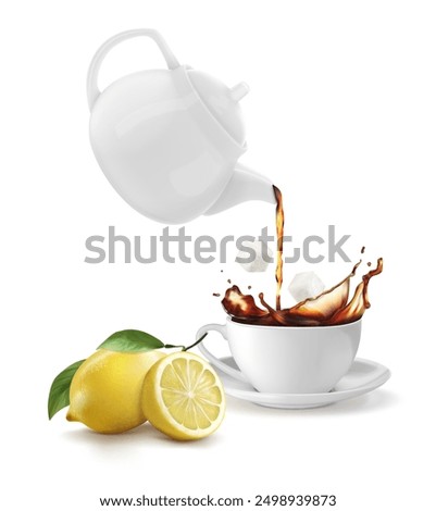 A cup of tea with a teapot and lemon. Vector illustration