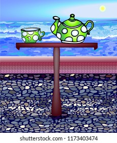 Cup of tea and a teapot on a table on the background of the sea. Morning tea. Open cafe with sea view