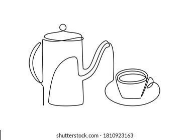 Cup of tea and teapot one line drawing. Hand drawing art breakfast theme, linear logo of tea set isolated on white background. Modern sketch design vector illustration