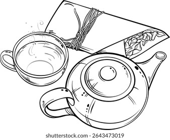 cup of tea and  teapot outline illustration