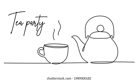 Taza de té y tetera. Té de fiesta. Dibujo continuo de una línea. Gráficos minimalistas. Ilustración vectorial, eps10