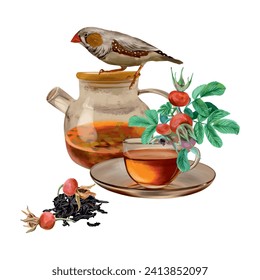 Cup of tea, teapot, rose hips, berries, bird. Vector illustration in graphic style. Cards, invitations, spring banners, packaging, covers, labels.